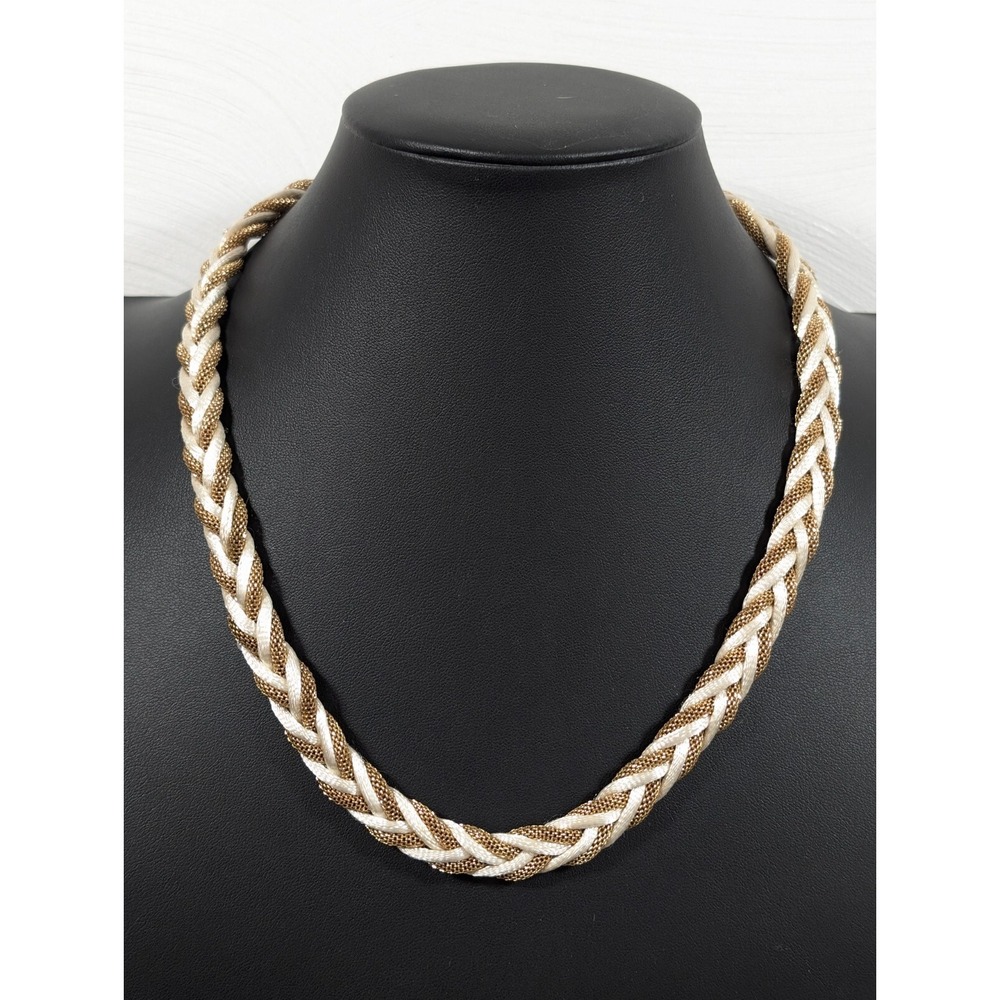 Retro Satin Cord Mesh Chain Braided Statement Necklace Gold Tone 23 in